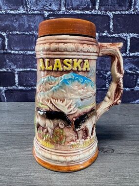 Vintage 1960s ALASKA Beer Stein Mug Made in Japan (Moose, Brown Bear, Oil Rig)